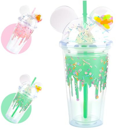 SilverChry Vasos con Tapa y Pajita, Tazas de Café Helado 450ML -Lindo diseño de Helado Oso Purpurina Doble Pared Vaso de Plástico Prueba de Fugas, Travel Mug Vaso Termico Café Matcha Batidos (Verde)