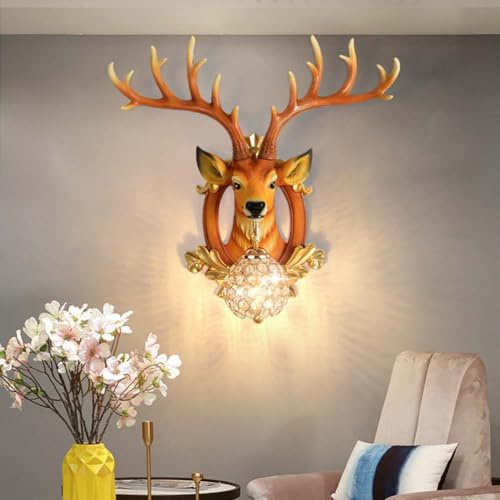 Kristall Wandleuchte Retro Hirschkopf Wandlampe lnnen Rustikaler Elch Dekor Lampe Harz Tier Hirsch Wandbeleuchtung Kugel Kristall Lampenschirm Nachttischlampe für Wohnzimmer Flur Schlafzimmer,Natural