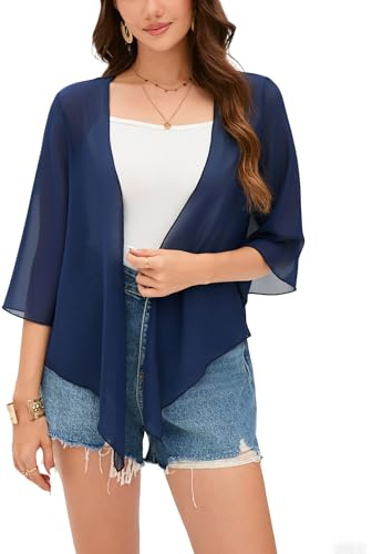 Dosieyeo Chiffon Bolero Damen Festlich 3/4 Arm Bolerojacke zum Binden Leichtes Jäckchen für Kleid Sommer Cover up Navy,XXL