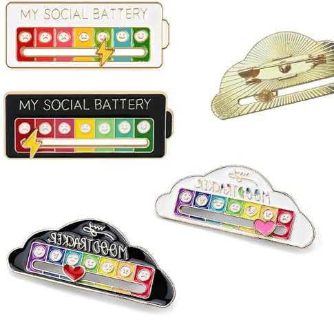 RHQFDM 4 Pieces Social Battery Pin,Fun Social Brooches,7 Days Interactive Mood,Social Battery Badge,Badge to Express Your Mood,For Decorating Rucksacks,Caps