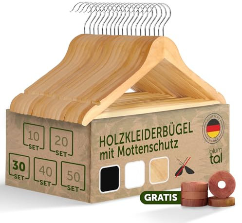 Blumtal Kleiderbügel Holz 30er Set - Holzbügel mit 360° drehbarem Metallhaken - Bügel aus robustem Holz mit Zedernholz Mottenschutz - Aufhänger mit Anti-Rutsch-Schicht & Einkerbungen - Hangers