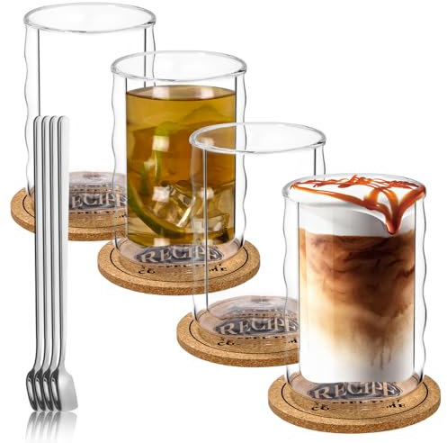 Puxeva Tasse a Cafe Double Paroi 400ml, Avec Dessous de Verre et Cuillère,Verre Matcha Latte Transparente pour Espresso, Latte Macchiato, Cappuccino, vin, Sachets de Thé, Boissons Chaudes, lot de 4