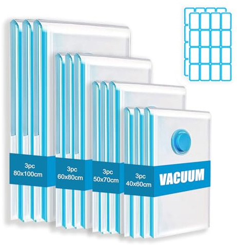 Vakuumbeutel für Kleidung,12 Stück Vacuum Bags,Vakuumierbeutel Kleidung,Wiederverwendbar,Reisen und Aufbewahren von Saisonaler Bekleidung(Die Etiketten werden in zufälligen Farben geliefert)