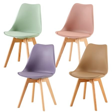 EGGREE Lot de 4 Chaise Salle à Manger Scandinaves,Chaise Rembourrée de Cuisine, Rétro Chaise de Bureau avec Pieds en Bois de Hêtre Massif, Rose Fumé+Kaki+Crème Glacée Vert+ Gris Violet