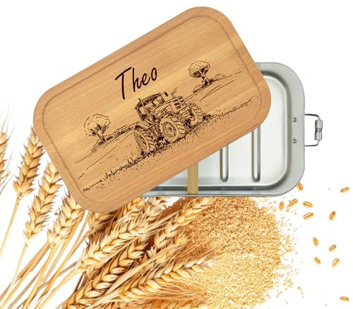 Boîte à déjeuner tracteur personnalisée | Gravure avec nom | Acier inoxydable fer blanc avec couvercle en bois | Boîte à déjeuner avec compartiments | Cadeau pour garçon, fan de tracteur, agriculteur