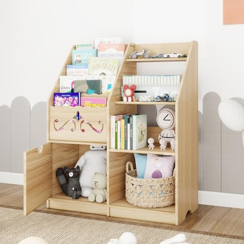 PUNCIA Bücherregal für Kinder Kinderregal aus Holz Spielzeugregal mit 5 offenen Füchern 4 Schränkchen Kinderzimmerregal Aufbewahrungsregal für Kinderzimmer Kindergarten Spielzimmer Bücher Natur
