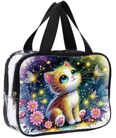 Aodejoy Diamond Painting Durchsichtig Washbag, DIY Reise Kosmetiktasche Waschtasche Tragbar Kulturtasche PVC Wasserdicht Kulturbeutel Make Up Tasche Toiletries mit Großer Kapazität für Damen-Katze