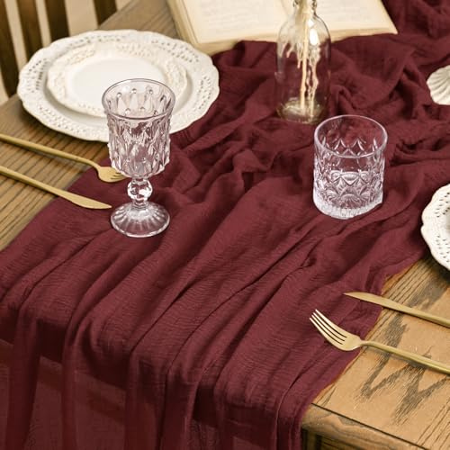 Artoid Mode Boho Käsetuch Gaze Weinrot Hochzeit Tischläufer 80x300 cm, Waschbar Tisch Dekoration Party Geburtstag Valentinstag Babyparty Dekor