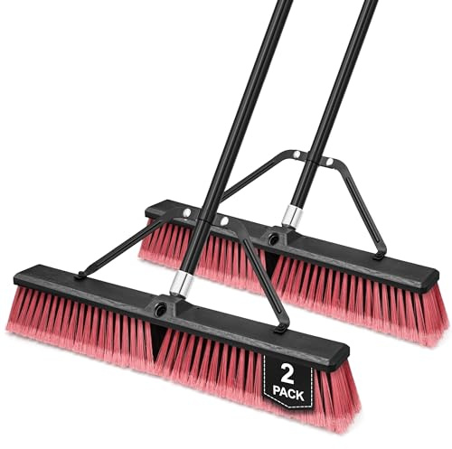 TidyBliss 24” Push Broom Outdoor Heavy Duty 2 Pack, Large Commercial Stiff Bristle Brush with 63 inches Long Handle for Garage Shop Garden Yard Patio Deck Street Warehouse Lawn Driveway (Red)
