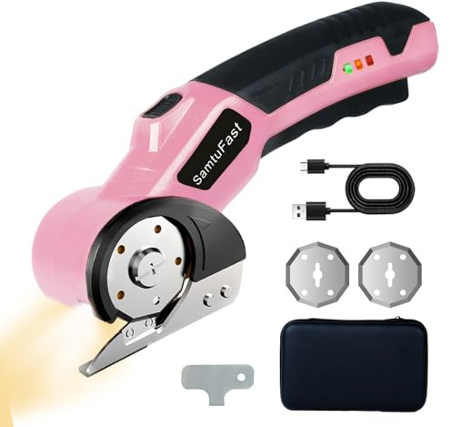 SamtuFast Cordless Electric Scissors, 4V Rechargeable Cardboard Box Cutter with Storage Box, 2 Blades, USB Charging Cable, Powerful Rotary Cutters for Cardboard Plastic Fabric Leather Carpet (Pink)