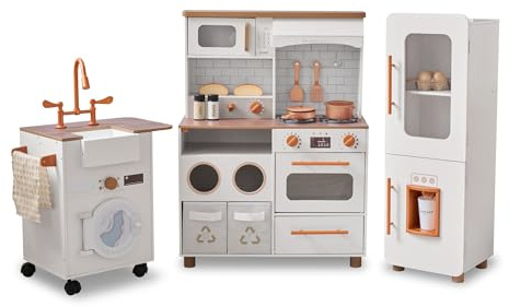 Teamson Kids XL Deluxe Holz-Spielküche – 3-teiliges Modulares Kinderküchenset mit Kühlschrank, Spüle, Herd, Waschmaschine & 21 Zubehörteilen in Weiß und Orange