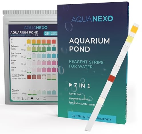 AQUANEXO 25x ou 100x Test d’Eau Aquarium 7-en-1, bandelettes Test Aquarium, Accessoires Aquarium, Analyse Eau pour Poissons, étang, pH, KH, Chlore, Ammonium (25)