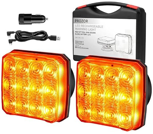 PROZOR Magnet Warnleuchte LED 2PCS Auto Gelbe Rückleuchten Set Notfall Warnleuchte IP65 18 Blitzmodi Magnetfuß für LKWs, Baufahrzeuge usw