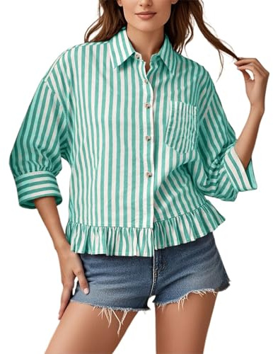 Générique Chemisier D'été Court Rayé Boutonné à Volants et Manches 3/4 pour Femme Décontracté, Haut Volants, Rayée col Blouses Babydoll Coupe Ample Rayures en V
