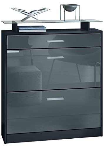 Vladon Schuhschrank Loret, Schuhkipper für 16 Paar Schuhe mit 2 Klappen und 1 Schublade und Glasablage, Schwarz matt/Grau Hochglanz (89 x 104 x 23 cm)