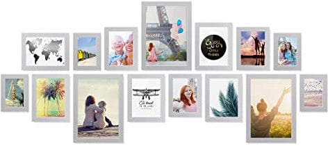 PHOTOLINI Bilderrahmen Set Silber, Fotorahmen Holz MDF, 15er Bilderrahmenset Wand Collage, photo frames for wall mit Acrylglas aufhängen, silberne Bilderrahmen Set verschiedene Größen mit Zubehör