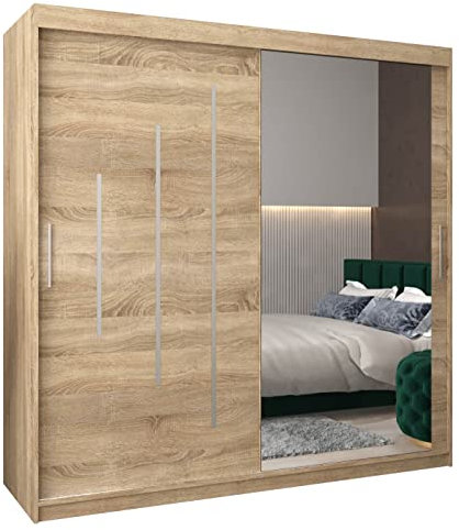 MEBLE KRYSPOL Kleiderschrank mit Spiegel York 2 - Garderobenschrank - Schrank Schlafzimmer - Mehrzweckschrank Zwei Schiebetüren - Regalen - Flur Möbel - Kleiderstange Schrank - Allzweckschrank