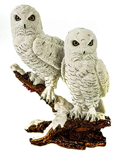 Große Schneeeule auf AST 32cm - Handbemalte Eule Deko Figur - Detailreiche Tierfigur Vogel Uhu Pärchen - Kunststein Polyresin Skulptur - Wohnzimmer Garten Dekoration