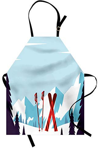 ABAKUHAUS Ski Kochschürze, Schneeberge und Skistöcke, Unisex-Küchenlätzchen mit verstellbarem Hals für Kochen Gartenarbeit, 67 cm x 80cm, Blau Dunkellila