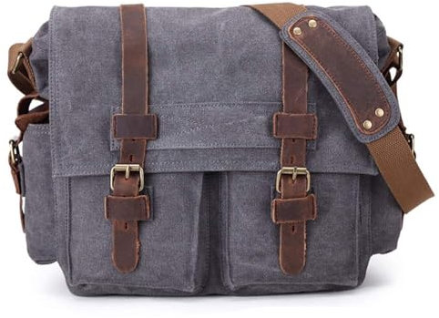 Sechunk Vintage Militär Leder Canvas Umhängetasche Laptop Tasche Retro Messenger Taschen (Grau, Medium-15‘’)