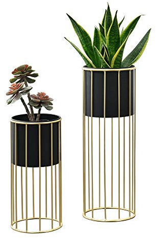 Set di 2 Portavasi in Metallo Supporto per Piante in 2 Misure Diverse con Coprivaso Nero e Base di Forma Rotonda in Color Oro