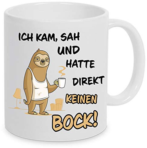 Tasse Faultier Spruch ICH KAM, SAH UND HATTE DIREKT KEINEN BOCK! Geschenkidee - Tasse mit Spruch - Kaffeetasse – Kaffeebecher – Bürotasse - Geschenk für Chef, Chefin, Arbeitskollege (Weiß)