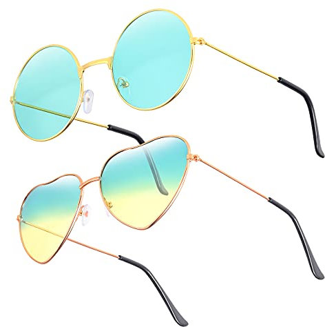 70er Jahre Hippie Sonnenbrillen 2 Stücke Metall Rahmen Sonnenbrillen Kreis und Herz Hippie Sonnenbrillen Grüne und Gelbe Gerahmte Gläser Hippie Brille für Frauen Hippie Verkleid Zubehör