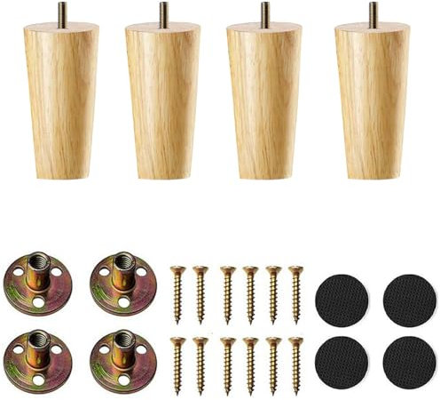 YouYuer Holzmöbelbeine,4 Stück Massivholz Möbelfüße Holz Möbelbeine Holz Rund Tischbeine Schrankbeine Mit Montageplattes,Schraubens Und Leise Gummipads Für Sofa,TV,Schrank,Bett Und Tisc (10cm)