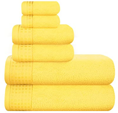 GLAMBURG Ultra Soft 6er-Pack Baumwoll-Handtuch-Set, enthält 2 übergroße Badetücher 70 x 140 cm, 2 Handtücher 40 x 60 cm und 2 Waschbetten 30 x 30 cm, Umweltfreundlich und 100% recycelbar, Gelb