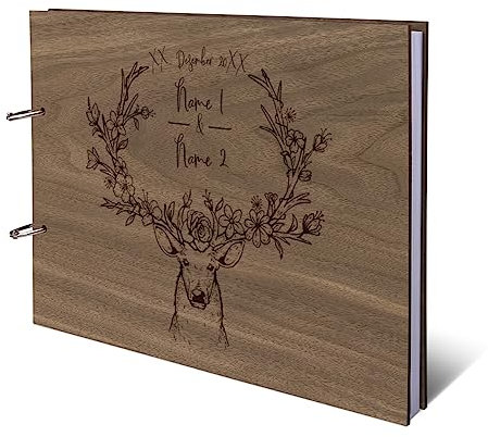 Hochzeit Gästebuch Nussbaum Amerikanisch Ringbuch mit individueller Lasergravur Holzcover 72 Blatt | 144 Seiten DIN A4 quer - Geweih