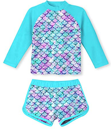 TUONROAD 2 Piece Swimsuit for Kids Girls Long Sleeve Swimming Set UPF 50+ Protection Swimwear for Girl Beachwear 3-4 Years Colorful Scales Paint