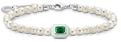 Thomas Sabo Damen Armband mit weißen Perlen und grünem Stein, 925 Sterlingsilber, Kaltemail, Länge: 16-19 cm, A2096-082-6-L19v