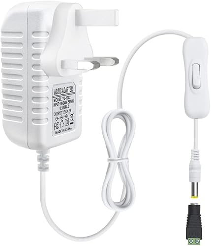 12V 2A 24W LED Strip Power Supply with Switch, White AC/DC Switching Power Adapter, 230V to 12V Wall Wart Transformer for LED Strip 5.5/2.1 DC Female Barrel Connector to Screw Adapter