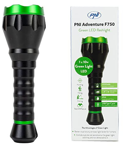PNI Adventure F750 Green Light Aluminium Taschenlampe, LED 10W, 500lm, bis zu 850m, IP44, 4000mAh Batterie im Lieferumfang enthalten, Aufladen über USB Typ-C, perfektes grünes Licht für die Jagd