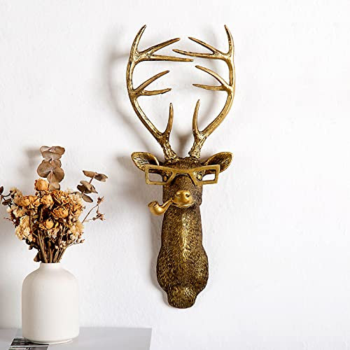 Gresonic 3D head Wall Mount Ornament, Animal Heads for Wall Art Hanging Sculptures, Small Metal Wall Resin Art Wall Decor Ornament Waterproof Bronzed Resin Decorations for Home (deer head)