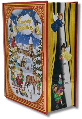 MediMuc Große Buchdose Heavenly Christmas - aufwändig geprägt und bedruckt - mit Engel- und Wichtelmotiven - Weihnachtsdose - lebensmittelecht - Vol. 3,0l - Maße: (L x B x H): 24,5 x 21,0 x 9,0cm