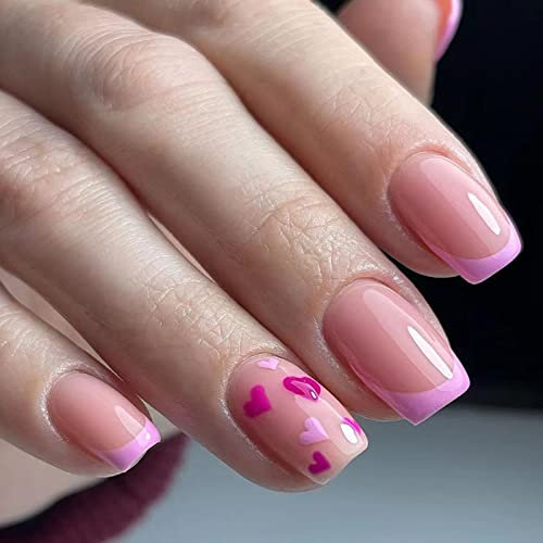 Ceboic Carrés Faux Ongles Court, Français Rouge Violet Cœur Press on Nails Courts, 24 Pièces Acrylique Capsules Ongles pour Femme et Fille, Faux Ongles à Coller Nail Art