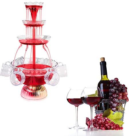 LED Lighted Wine Fountain 4-Tier Acrylic Light-Up Drink Fountain Cocktail Juice Dispenser Filling Liquor Drinking Distributor Tool with 5 Reusable Cups for Wedding Party Christmas Décor