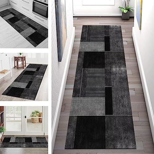 Teppich Läufer Flur Küche rutschfest waschbar Teppichläufer Lang Korridor Tepiche 110X200CM Schwarz Grau Küchenläufer Matte Meterware Kücheteppich Schlafzimmer Wohnzimmer Flurmatten Breit 40-120cm