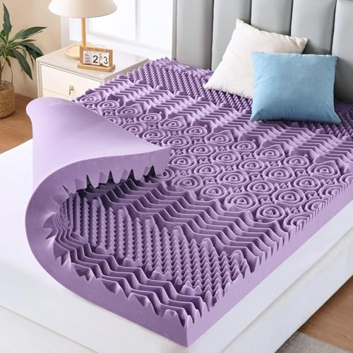 MUXHOMO 3 Inch 7-Zone Queen Mattress Topper, Egg Crate Memory Foam Mattress Topper Queen Size for Back Pain, Lavender Cooling Gel Infused Bed Pad, CertiPUR-US and Oeko-TEX Certification (60×80)