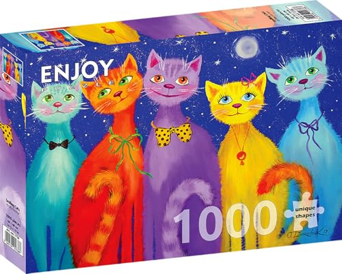1000 Pieces Jigsaw Puzzle for Adults – Matte Finish, Soft Touch, Sturdy and Unique Pieces, Tight Fit, Vivid Colors, Missing Pieces Service – Happy and Cute Whimsical Cats Painting – by ENJOY Puzzle