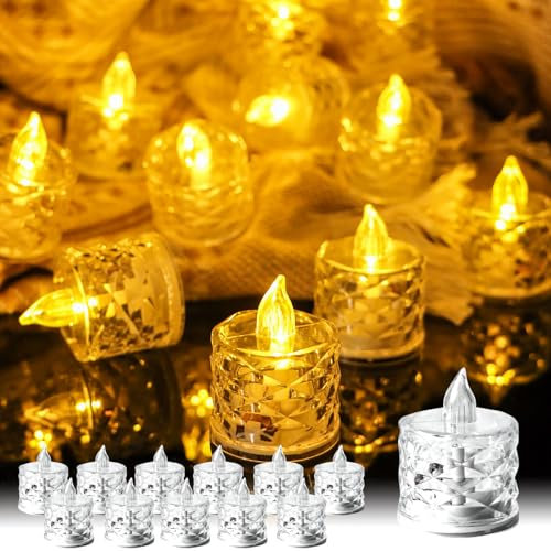 TINYOUTH 12 Stück LED Teelichter Flackernde, Hochzeitsdeko Teelichter Elektrische Teelichter, Batterien Enthalten für Hochzeitsfeier Jubiläum Verlobung Dekoration, Diamantenschale