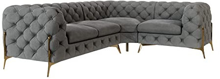 S-Style Möbel Milton Ecksofa 4-Sitzer Eckcouch Rechts Chesterfield-Ecksofa Sofa mit goldenen Metallfüßen Wohnzimmer Couch Möbel Freistehende Polster Sofas & Couches Grau 262x200x73 cm