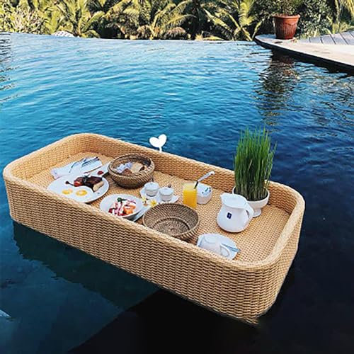 CENAP Kreatives rechteckiges Rattan-Tablett für den Außenbereich,Wasserspiel,schwimmendes Frühstückstablett,Getränke-Floats-Tablett für den Pool,handgefertigt,extra großes Erfrischungswasser-Pool-