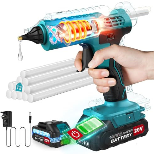 Pistola per Colla a Caldo a Batteria da 100 W Senza Fili con Batteria da 21 V, 2000 mAh con 12 Bastoncini di Colla, Pistola per colla a Caldo per Fai da Te, Artigianato e Riparazioni Rapide