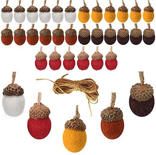 POTRUWE 30 Stück Gefilzte Eichel-Ornamente, Weihnachts-Tannenzapfen-Filzkugeln, Bommel-Eichel, Weihnachtsbaum, Bommel-Eichel, Filz-Hängedekorationen mit Seil für Urlaub,