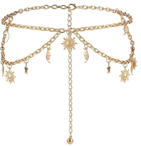 SSKHE Damen Metallgürtel Doppelschicht Sonne Mond Stern verstellbare Taillenkette Metall für Hosen Kleid Mantel, Einheitsgröße, Gold