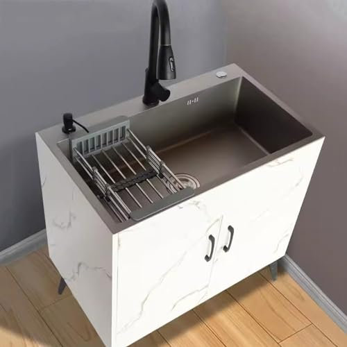 Lavadero Independiente con Grifo, Escurridor, Fregadero de Cocina Comercial con Armarios de Almacenamiento, para Restaurante Lavandería Bar, Limpieza Fácil
