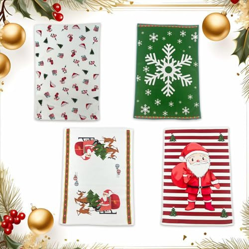 LUVDECO 4 Stück Mikrofaser Weihnachten Handtücher 45x32cm Weihnachts Frottiertuch Set Weihnachtsbaum Schneeflocken Santa Handtücher Saugfähige Weihnachten Geschirrtücher für Heim Küche Badezimmer