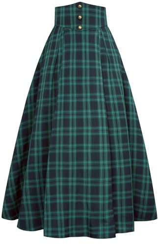 SCARLET DARKNESS Jupe maxi victorienne pour femme - Taille haute élastique - Ligne A - Jupe traditionnelle médiévale, Plaid vert., L